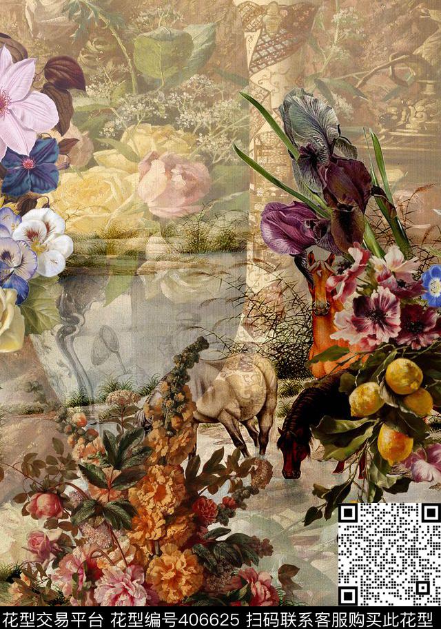 花卉瓷瓶饮马中国风数码印花华亿平台下载（图片编号: 406625） - 瓦栏（Walan）