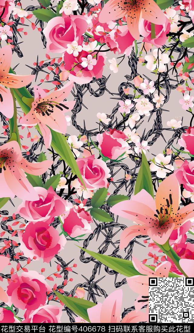 清新花卉铁索数码印花华亿平台下载（图片编号: 406678） - 瓦栏（Walan）