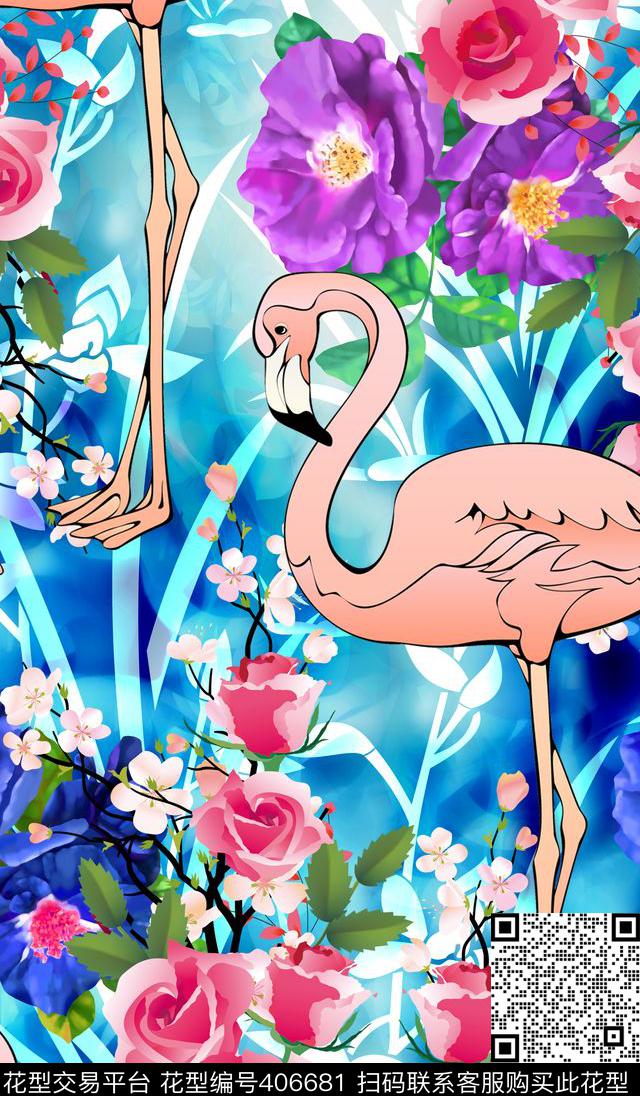 花卉火烈鸟动物动物纹数码印花华亿平台下载（图片编号: 406681） - 瓦栏（Walan）
