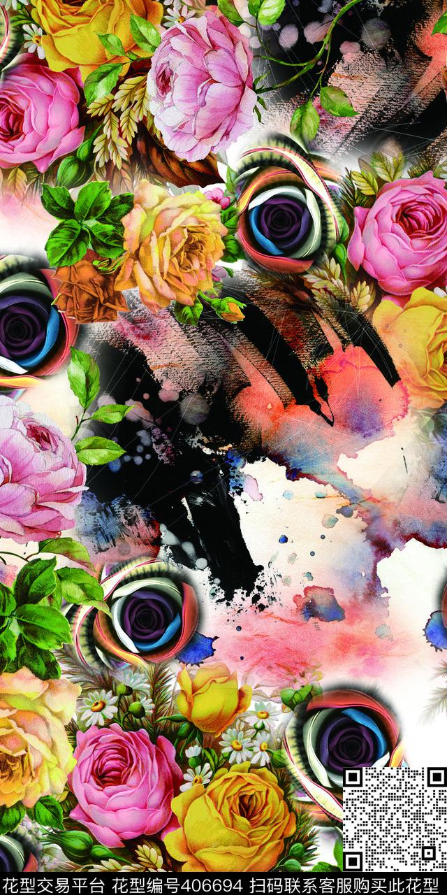 时尚手绘花炫底数码印花华亿平台下载（图片编号: 406694） - 瓦栏（Walan）