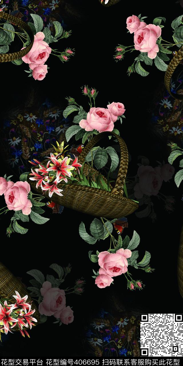 时尚手绘花花篮数码印花华亿平台下载（图片编号: 406695） - 瓦栏（Walan）