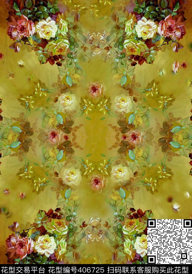 花卉黄数码印花华亿平台下载（图片编号: 406725） - 瓦栏（Walan）