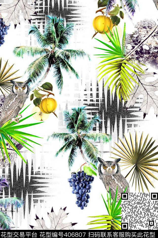 猫头鹰时尚水果数码印花华亿平台下载（图片编号: 406807） - 瓦栏（Walan）