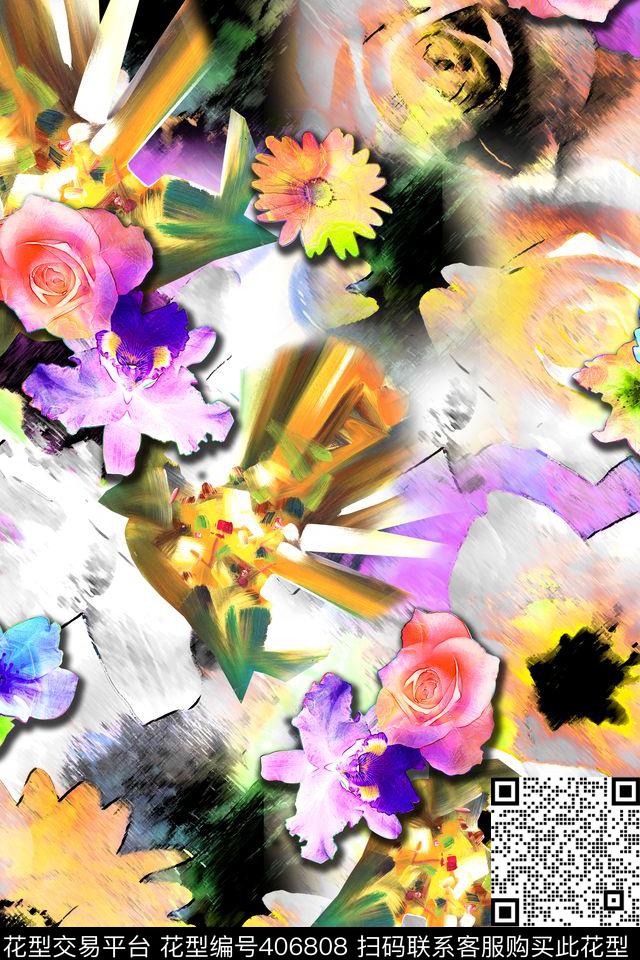 抽象蜡笔花卉数码印花华亿平台下载（图片编号: 406808） - 瓦栏（Walan）