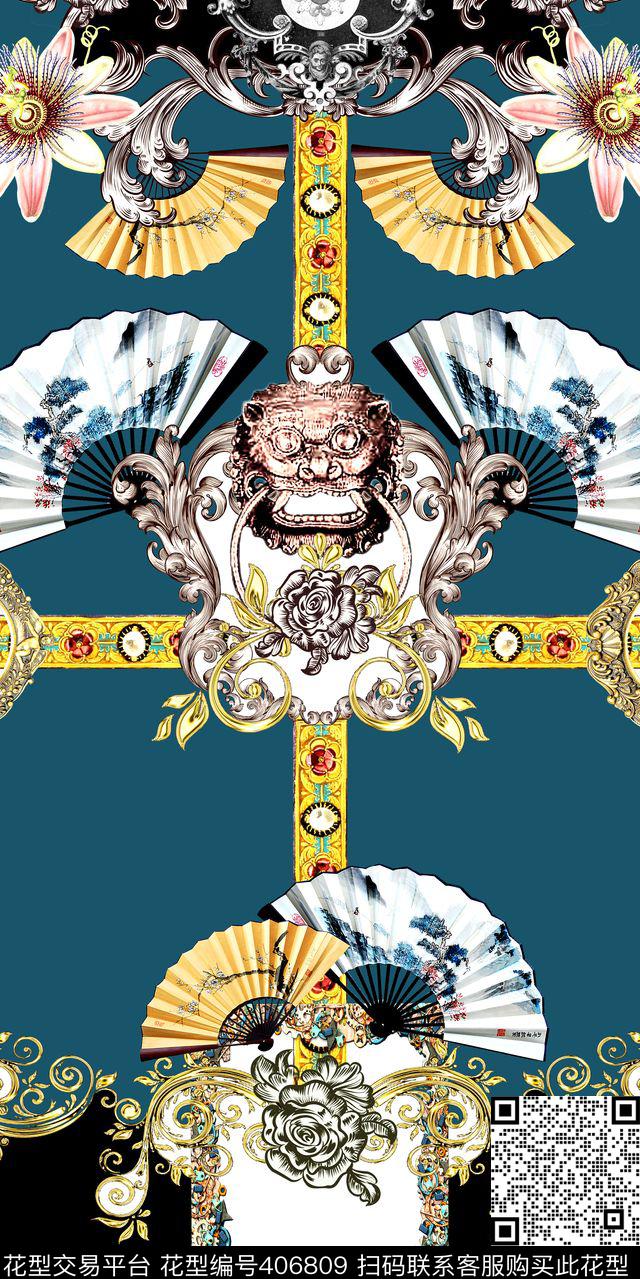 花卷草扇子数码印花华亿平台下载（图片编号: 406809） - 瓦栏（Walan）