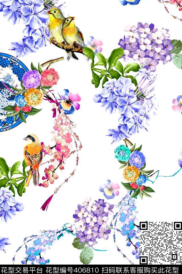 小清新手绘水彩花卉数码印花华亿平台下载（图片编号: 406810） - 瓦栏（Walan）