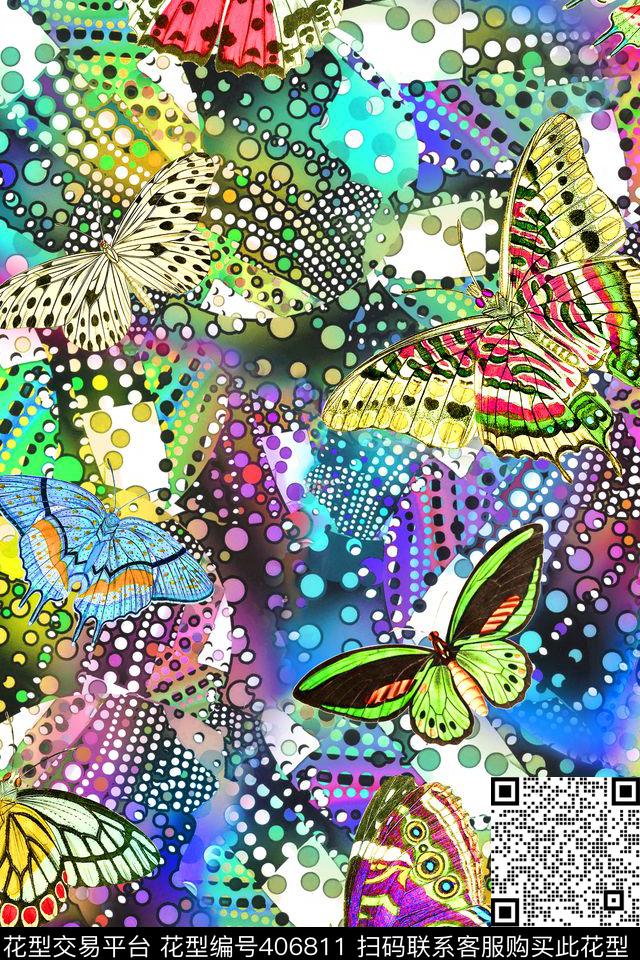 抽像蝴蝶波点数码印花华亿平台下载（图片编号: 406811） - 瓦栏（Walan）