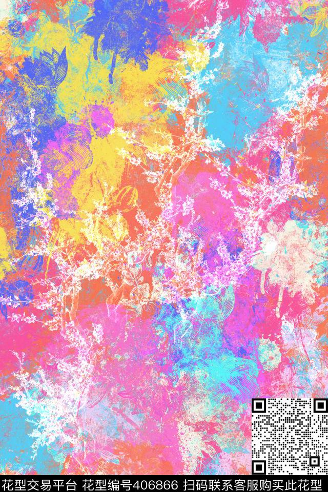油墨色块花数码印花华亿平台下载（图片编号: 406866） - 瓦栏（Walan）