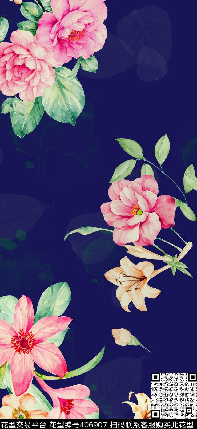大花花卉花朵数码印花华亿平台下载（图片编号: 406907） - 瓦栏（Walan）