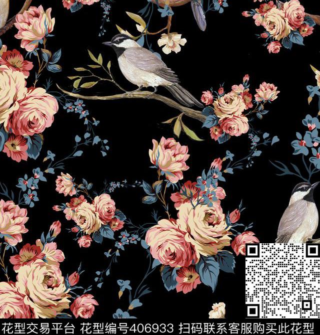 复古花鸟sunday_鸟语花香系列数码印花华亿平台下载（图片编号: 406933） - 瓦栏（Walan）