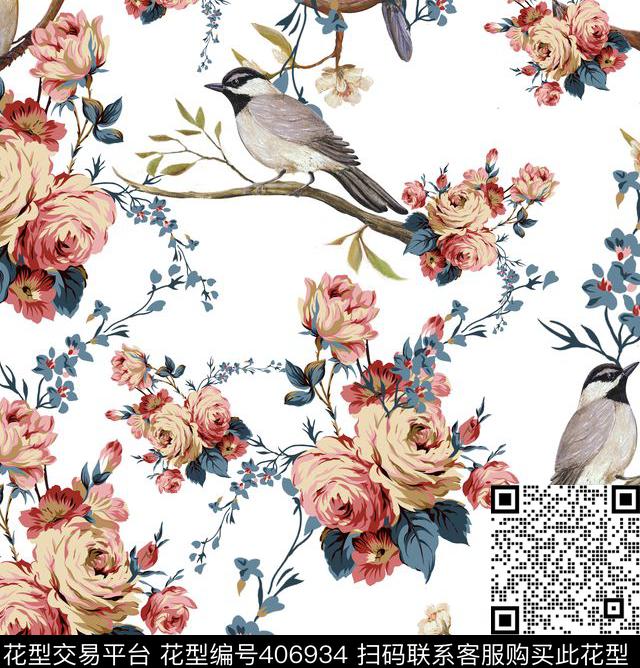 复古花鸟sunday_鸟语花香系列数码印花华亿平台下载（图片编号: 406934） - 瓦栏（Walan）