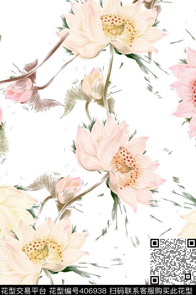 手绘荷花花卉传统印花华亿平台下载（图片编号: 406938） - 瓦栏（Walan）