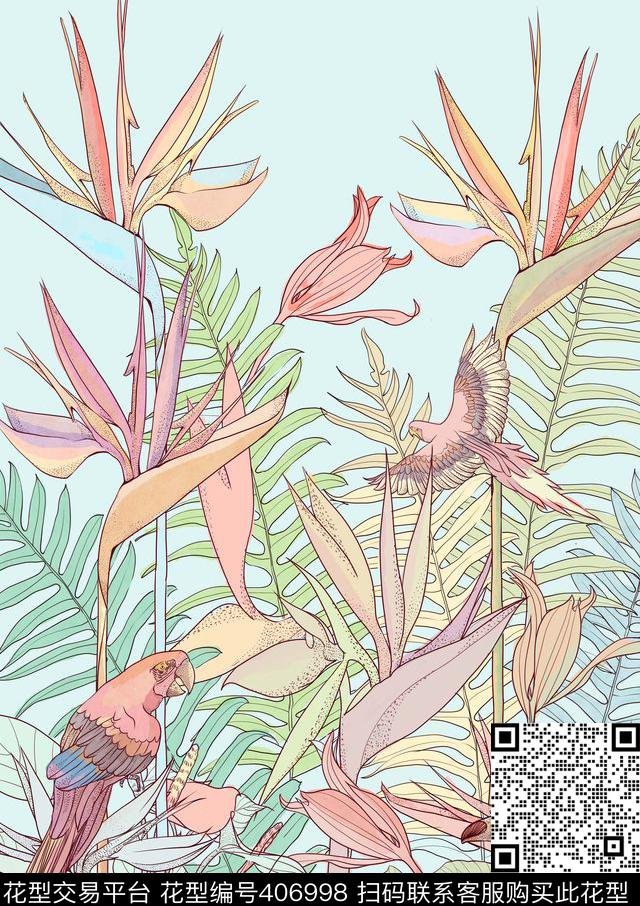 天堂鸟民族风手绘玫瑰花数码印花华亿平台下载（图片编号: 406998） - 瓦栏（Walan）