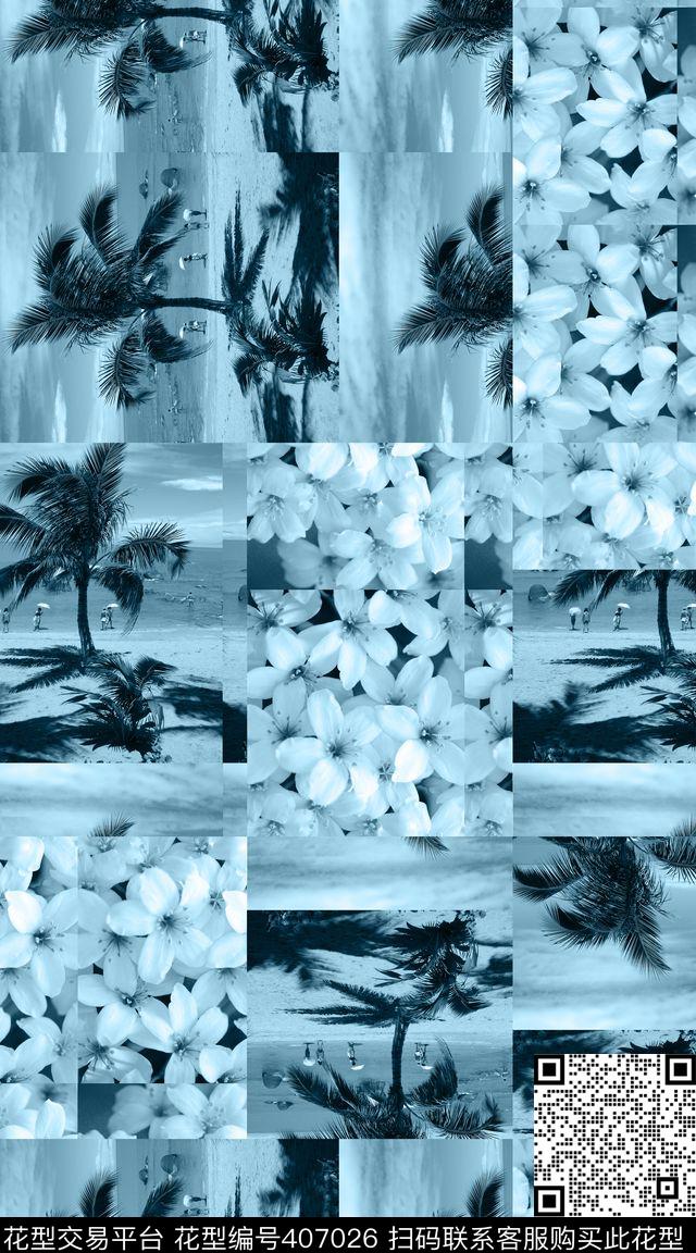 拼贴、热带热带花、椰树风景数码印花华亿平台下载（图片编号: 407026） - 瓦栏（Walan）