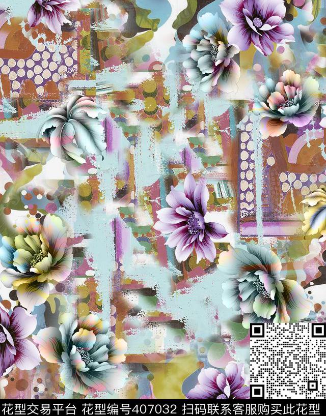 混合风格花卉、抽象数码数码印花华亿平台下载（图片编号: 407032） - 瓦栏（Walan）