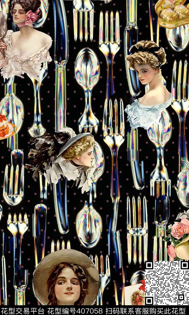 刀叉复古美女数码印花华亿平台下载（图片编号: 407058） - 瓦栏（Walan）
