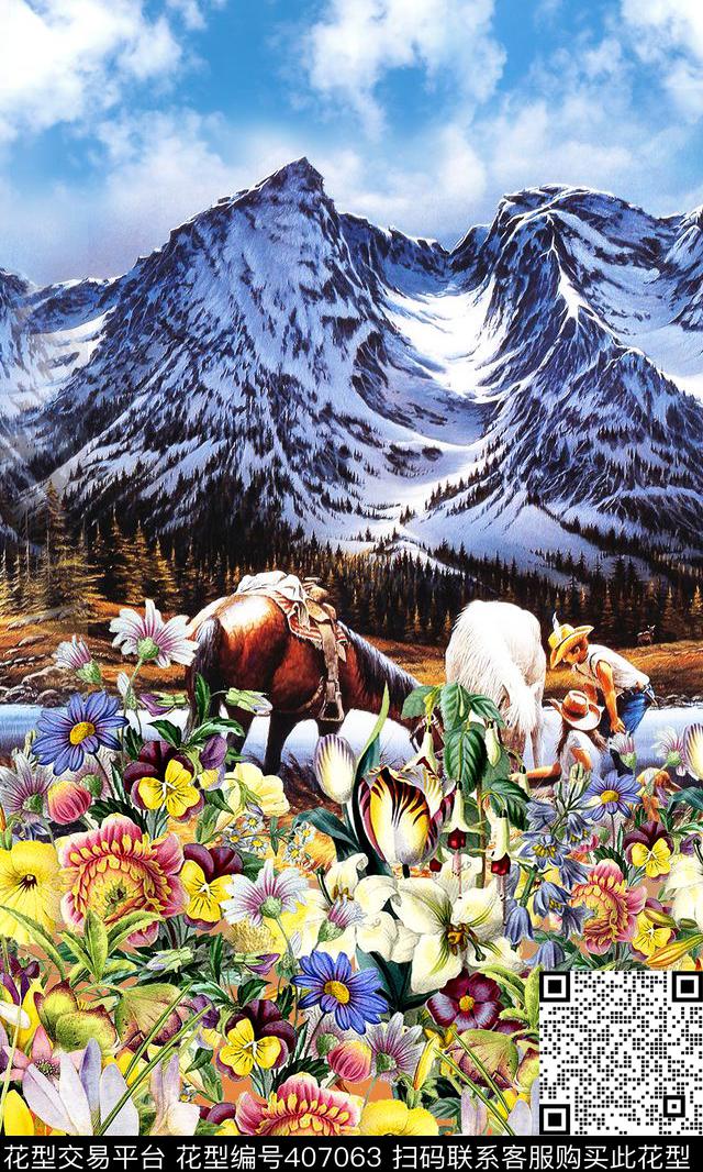 时尚雪山花卉数码印花华亿平台下载（图片编号: 407063） - 瓦栏（Walan）