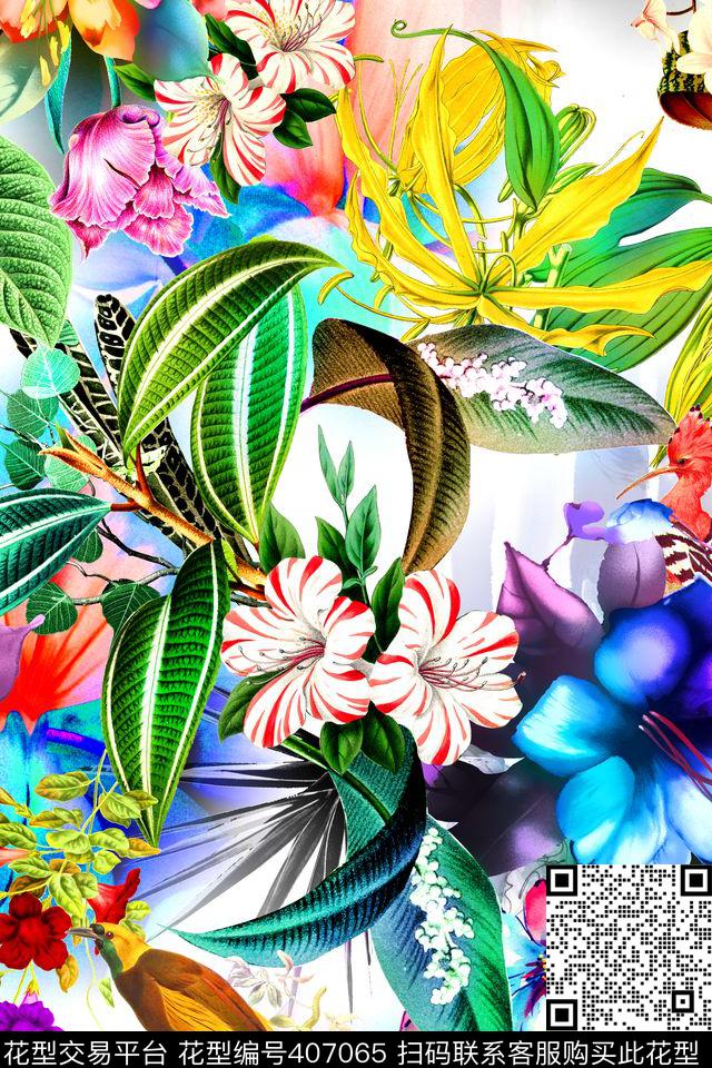 时尚花卉鹦鹉数码印花华亿平台下载（图片编号: 407065） - 瓦栏（Walan）