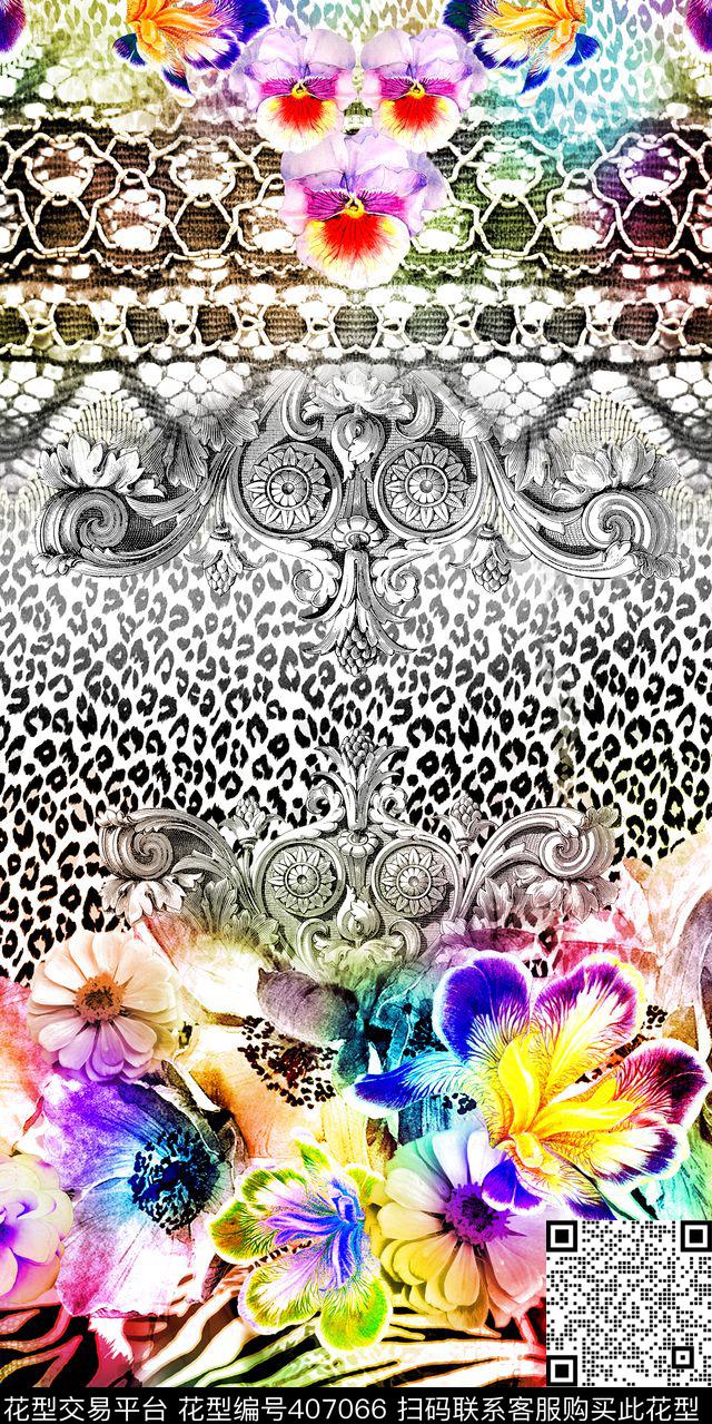 豹纹花卉卷草数码印花华亿平台下载（图片编号: 407066） - 瓦栏（Walan）