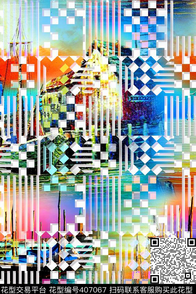 时尚风景几何格子数码印花华亿平台下载（图片编号: 407067） - 瓦栏（Walan）