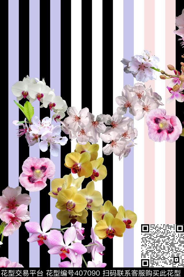 几何线条花卉时尚大牌数码印花华亿平台下载（图片编号: 407090） - 瓦栏（Walan）