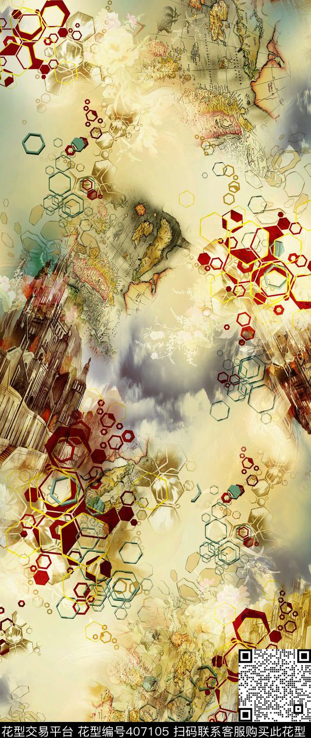 古堡天空欧美大气时装数码印花华亿平台下载（图片编号: 407105） - 瓦栏（Walan）