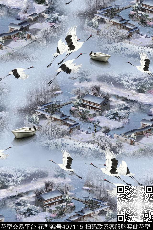 时尚流行冬季白鹤古典中国风数码印花华亿平台下载（图片编号: 407115） - 瓦栏（Walan）
