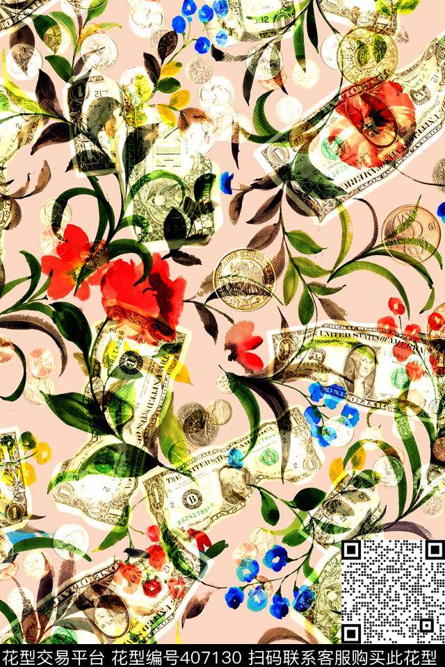 甜美清新花卉钱币数码印花华亿平台下载（图片编号: 407130） - 瓦栏（Walan）