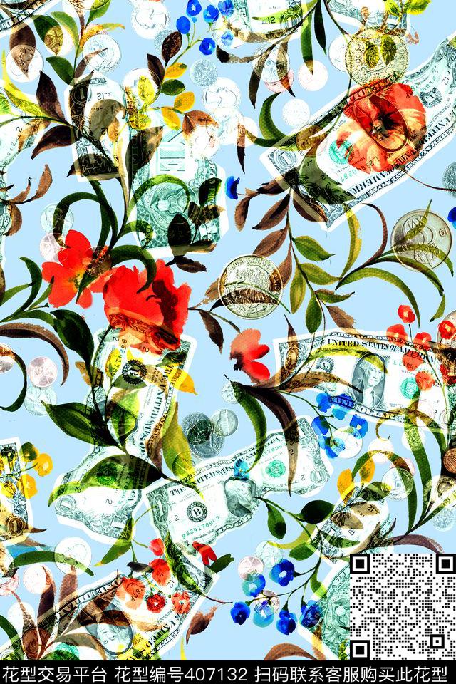 甜美清新花卉钱币数码印花华亿平台下载（图片编号: 407132） - 瓦栏（Walan）