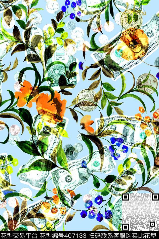甜美清新花卉钱币数码印花华亿平台下载（图片编号: 407133） - 瓦栏（Walan）