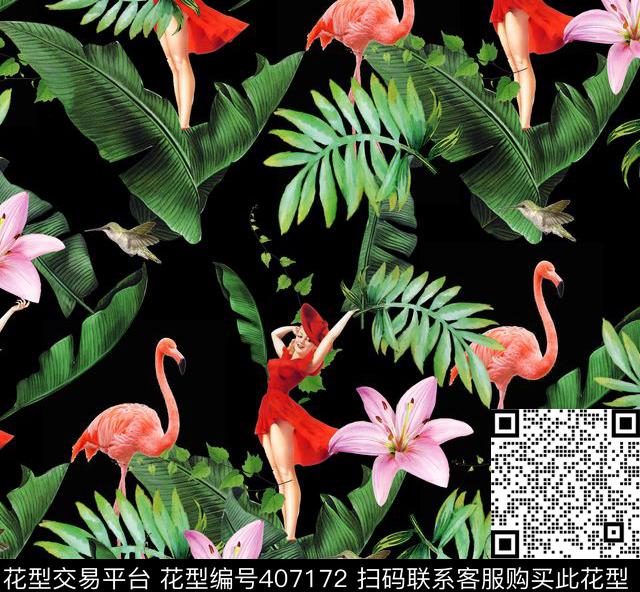 手绘玫瑰花大花树数码印花华亿平台下载（图片编号: 407172） - 瓦栏（Walan）