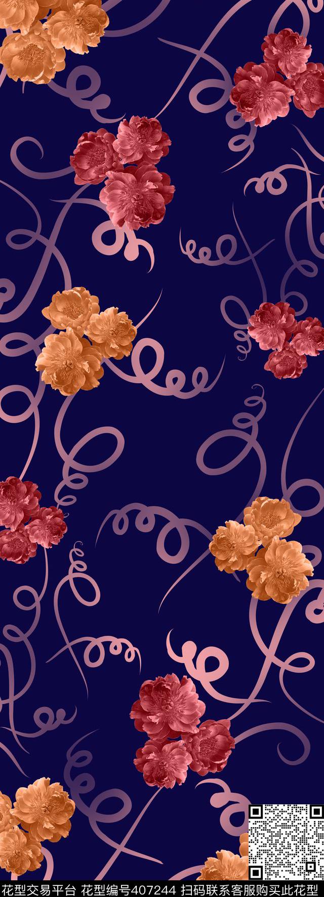 花朵线条花长巾传统印花华亿平台下载（图片编号: 407244） - 瓦栏（Walan）
