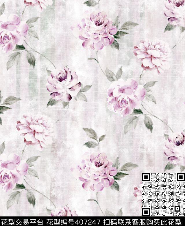 水彩浪漫花卉传统印花华亿平台下载（图片编号: 407247） - 瓦栏（Walan）