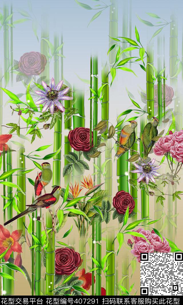 花鸟写意竹子数码印花华亿平台下载（图片编号: 407291） - 瓦栏（Walan）