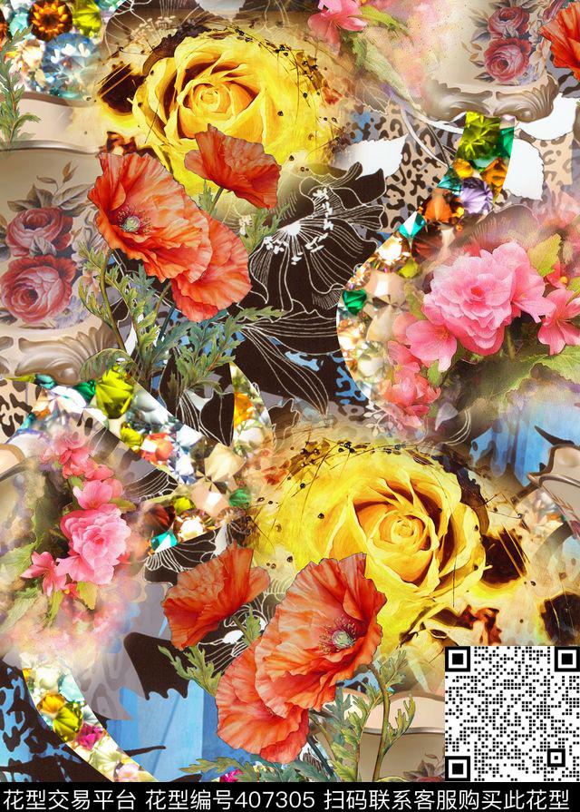 抽象花卉数码印花华亿平台下载（图片编号: 407305） - 瓦栏（Walan）