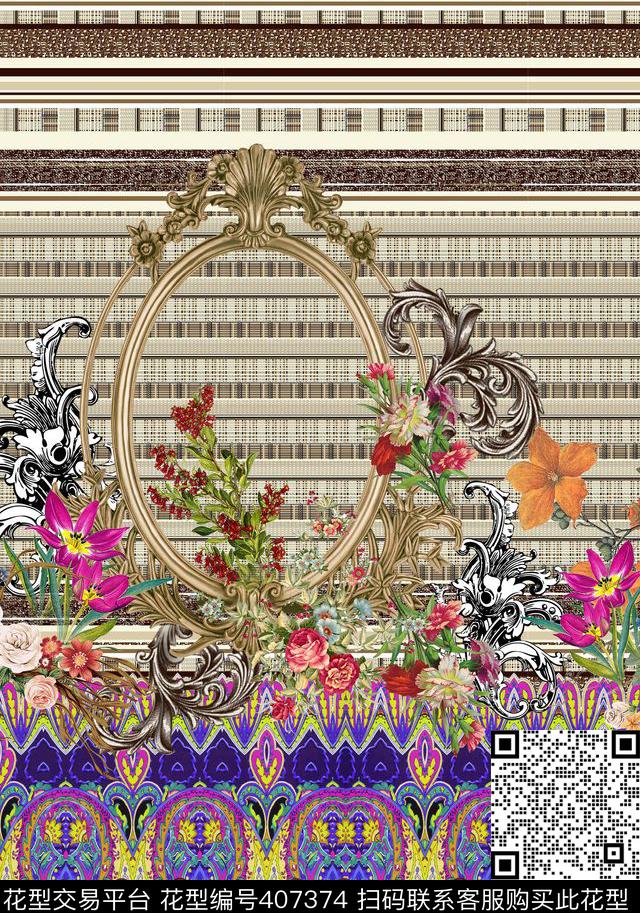 民族风花卉画框数码印花华亿平台下载（图片编号: 407374） - 瓦栏（Walan）