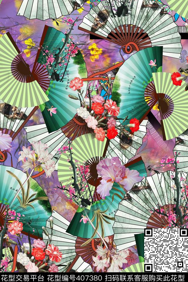 中国风水墨梅扇子数码印花华亿平台下载（图片编号: 407380） - 瓦栏（Walan）