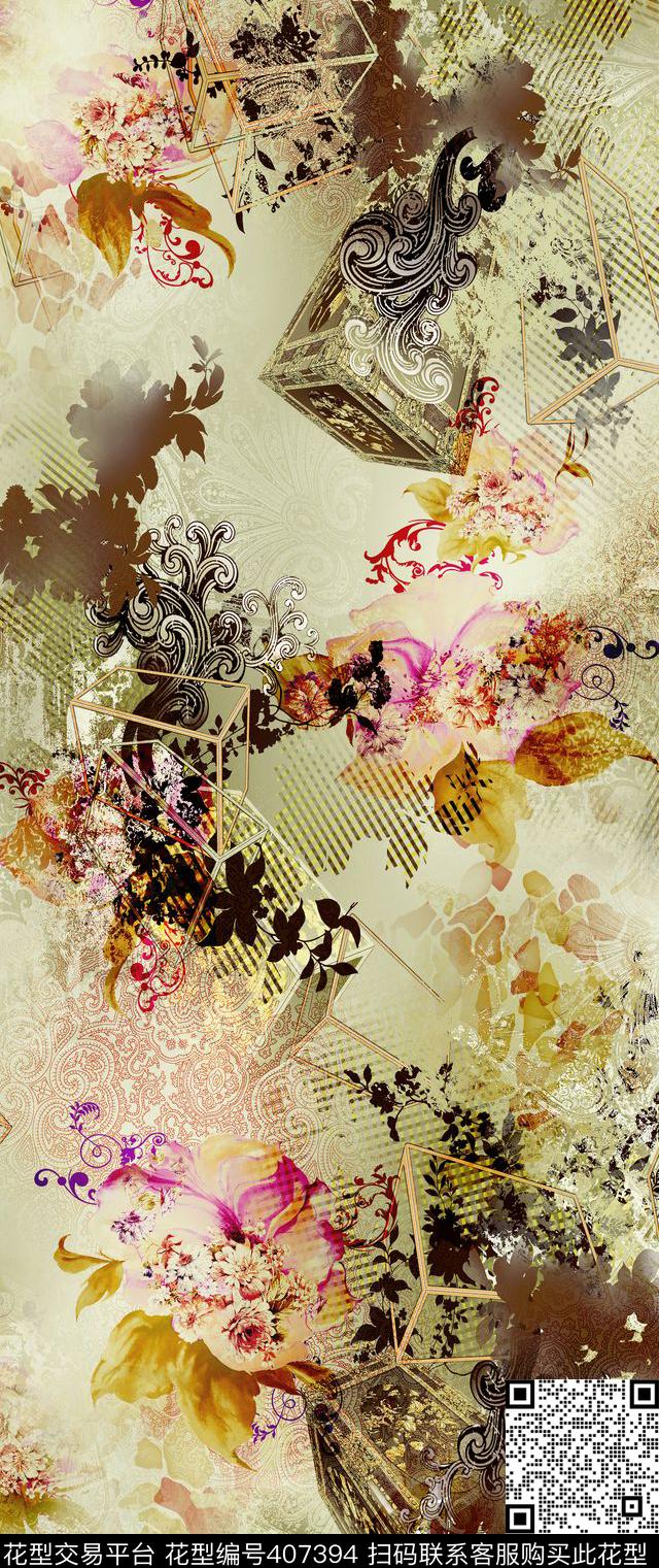 手绘花欧美大气时装3D立体数码印花华亿平台下载（图片编号: 407394） - 瓦栏（Walan）