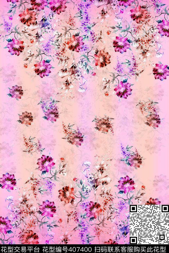 花卉粉色数码印花华亿平台下载（图片编号: 407400） - 瓦栏（Walan）