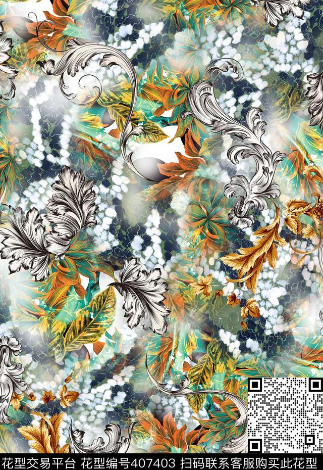 休闲风叶花卉数码印花华亿平台下载（图片编号: 407403） - 瓦栏（Walan）