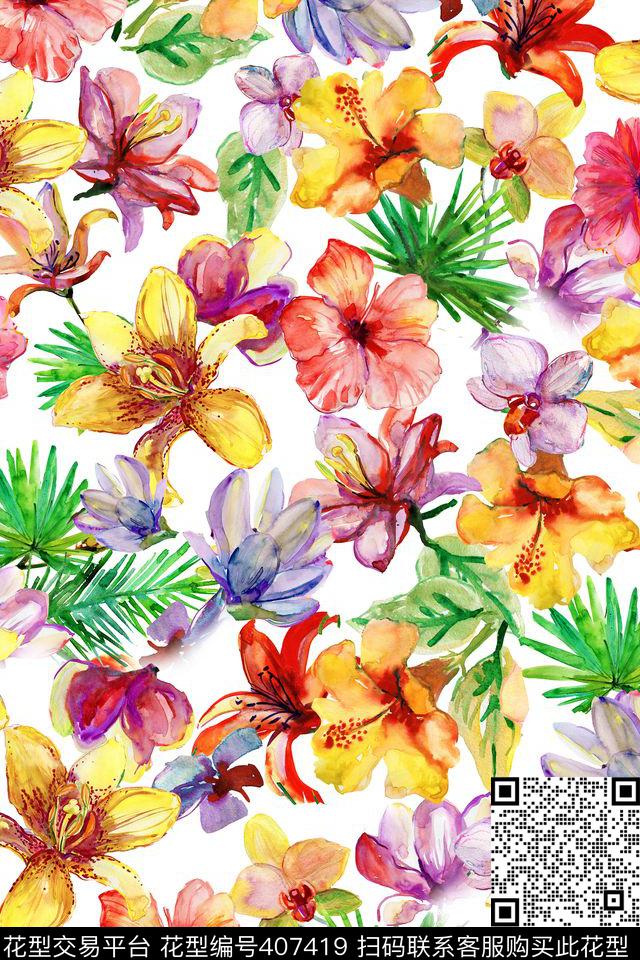 春夏华亿平台手绘水彩花花园数码印花华亿平台下载（图片编号: 407419） - 瓦栏（Walan）