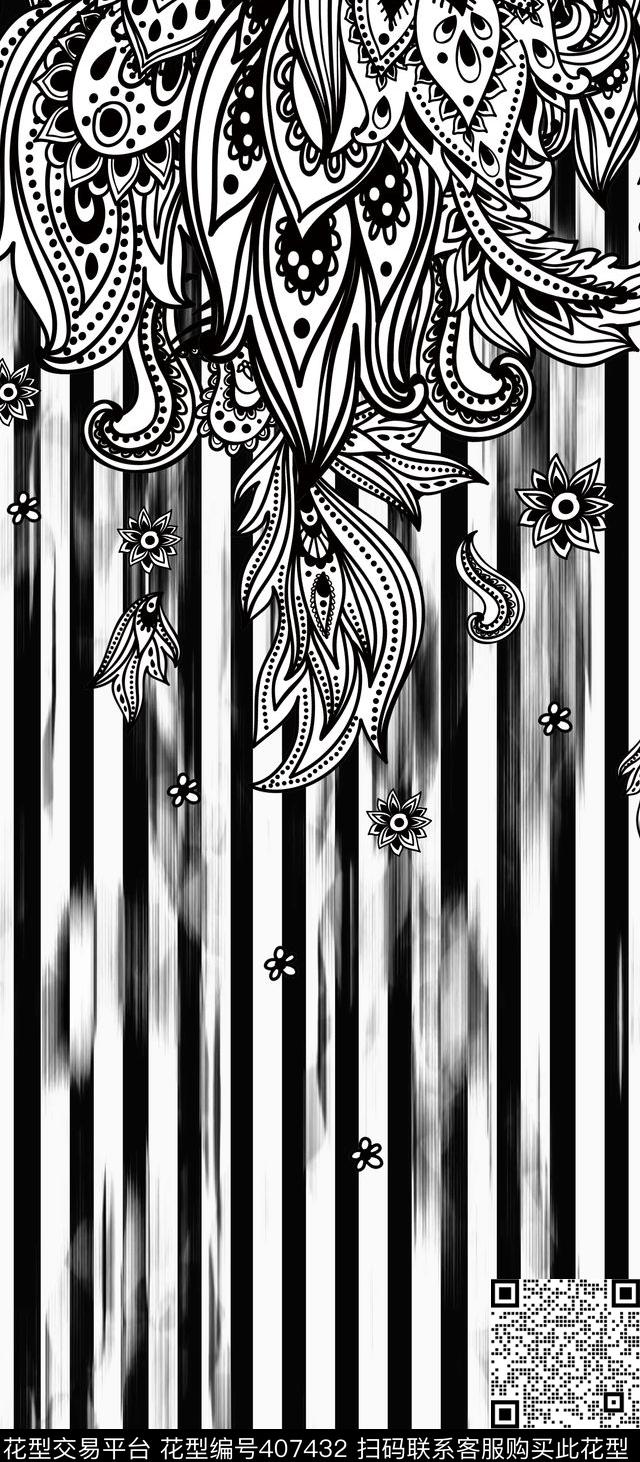 定位黑白佩斯利条纹传统印花华亿平台下载（图片编号: 407432） - 瓦栏（Walan）
