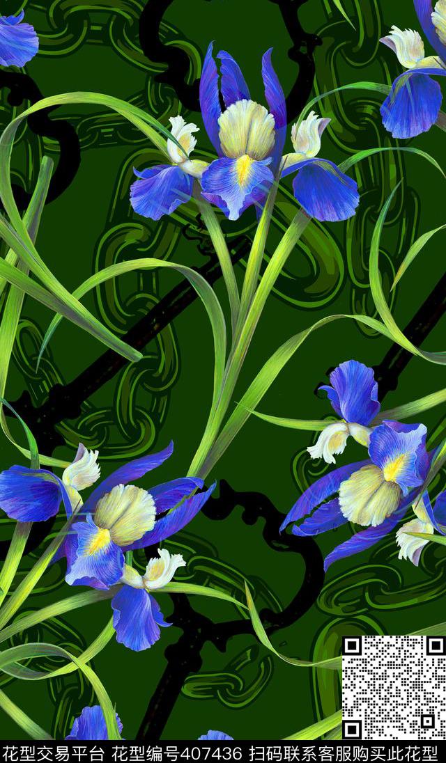 鸢尾链条植物花卉数码印花华亿平台下载（图片编号: 407436） - 瓦栏（Walan）