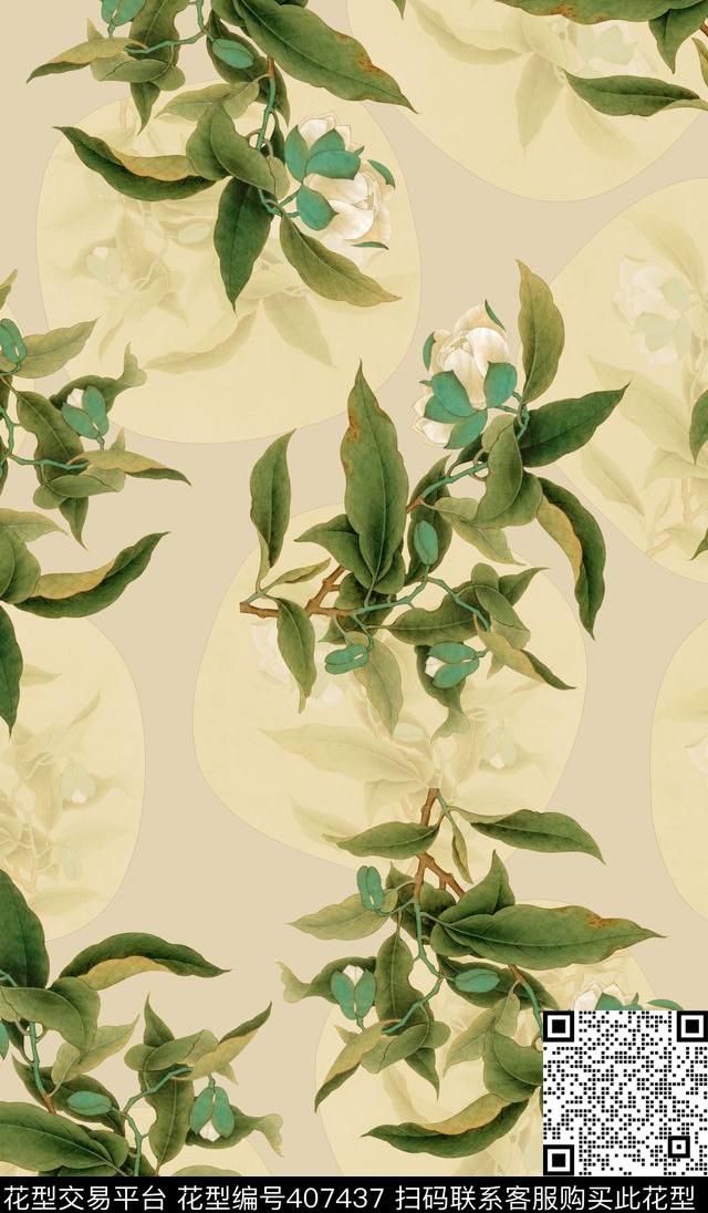 复古山茶花怀旧复古数码印花华亿平台下载（图片编号: 407437） - 瓦栏（Walan）