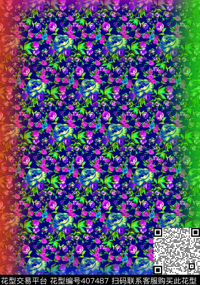 花卉蓝数码印花华亿平台下载（图片编号: 407487） - 瓦栏（Walan）