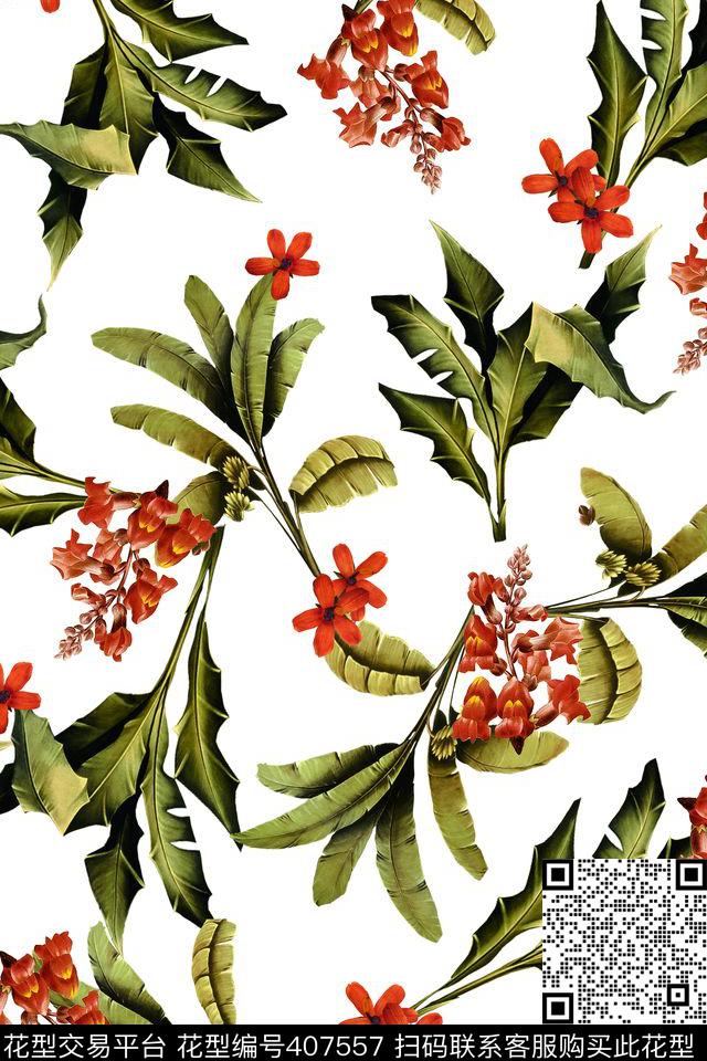 观叶植物红花花卉数码印花华亿平台下载（图片编号: 407557） - 瓦栏（Walan）