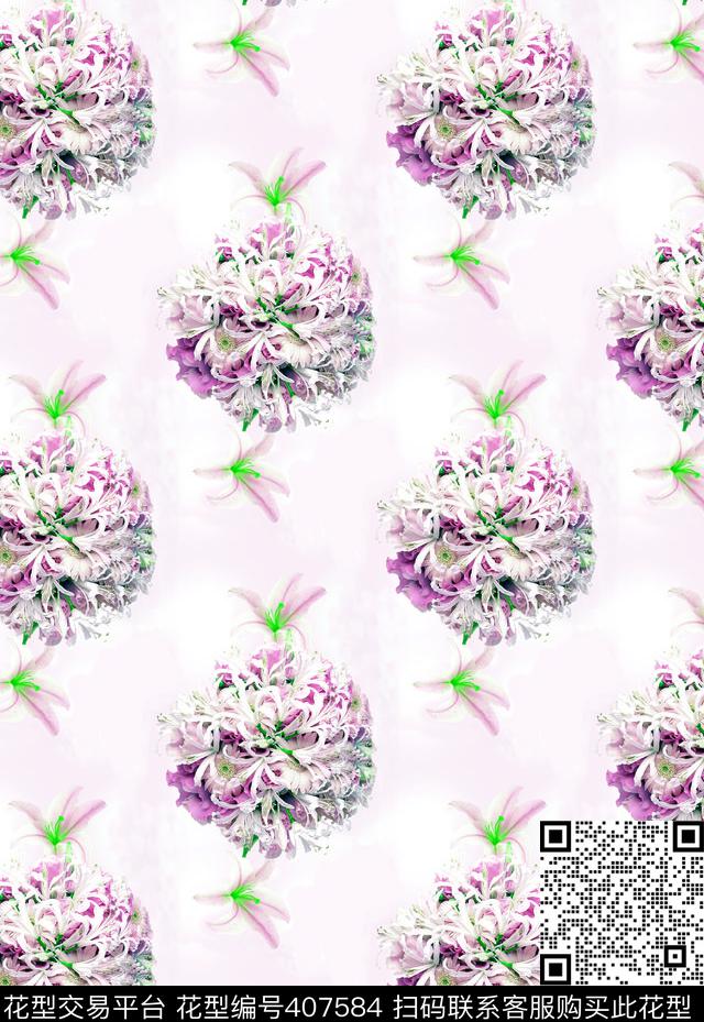 优雅清新大团花花卉数码印花华亿平台下载（图片编号: 407584） - 瓦栏（Walan）