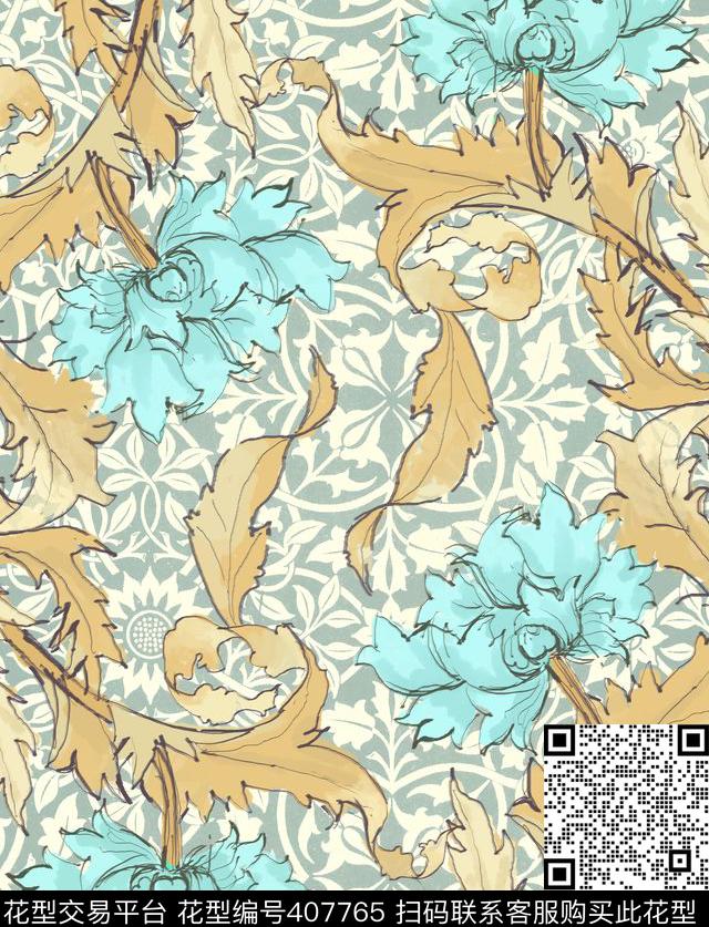 花瓣怀旧莫里斯传统印花华亿平台下载（图片编号: 407765） - 瓦栏（Walan）