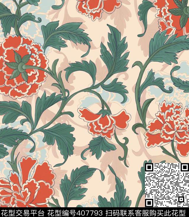 花瓣怀旧复古莫里斯传统印花华亿平台下载（图片编号: 407793） - 瓦栏（Walan）