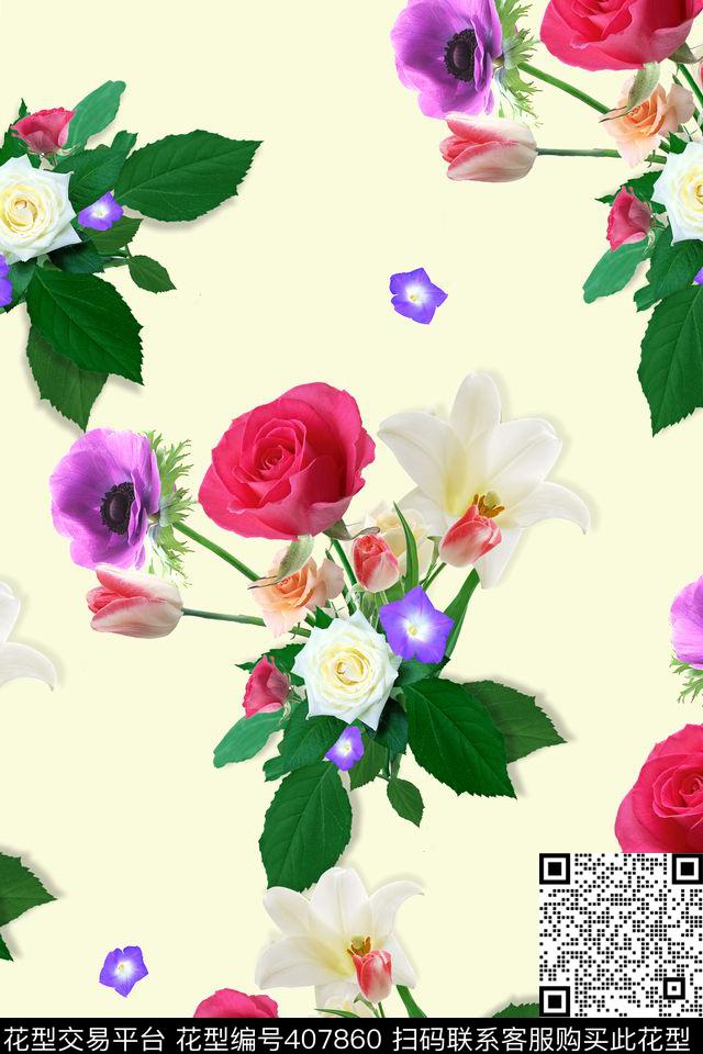 花卉绿叶子清新数码印花华亿平台下载（图片编号: 407860） - 瓦栏（Walan）